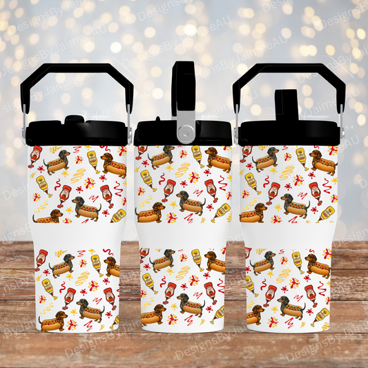 "HotDogs" - Dachshund Design - Digital 20oz Tumbler with Flip Lid/Handle