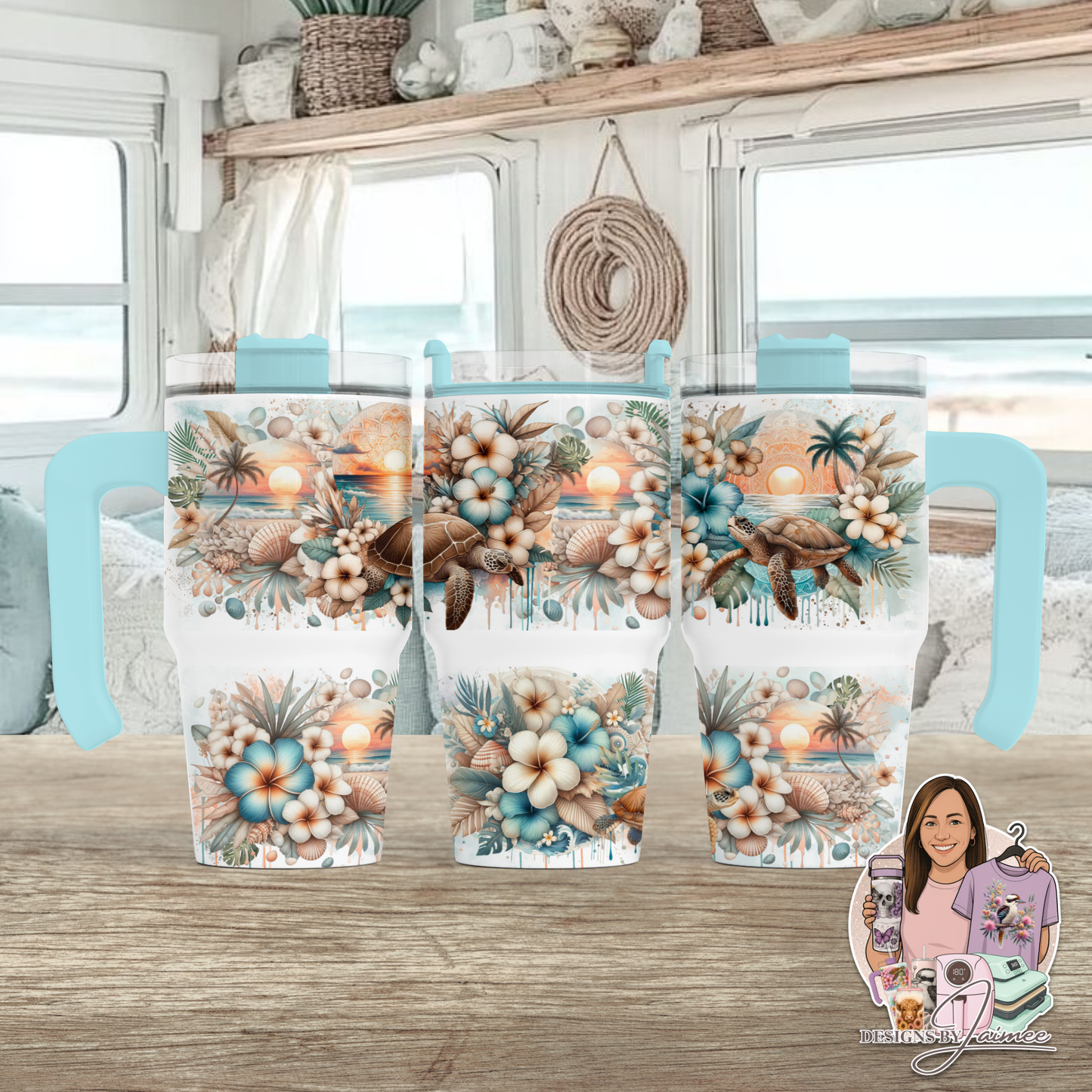 Neutral Turtles - Boho Coastal Collection - Digital 20oz Tumbler with Handle Wrap Design