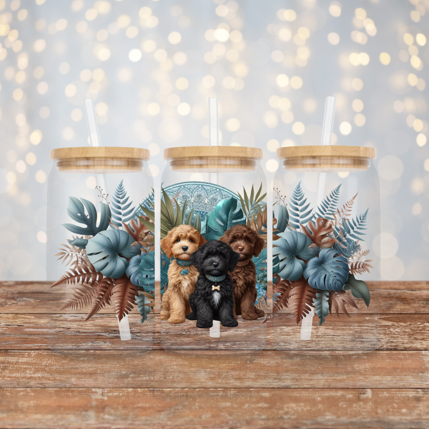 3 Multicolour Cavoodle Puppies, Chocolate, Apricot, Black - Tropical Teal Earthy Vibes Digital Download 16oz UV DTF Transfer Wrap PNG Image