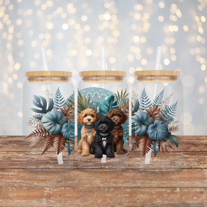 3 Multicolour Cavoodle Puppies, Chocolate, Apricot, Black - Tropical Teal Earthy Vibes Digital Download 16oz UV DTF Transfer Wrap PNG Image