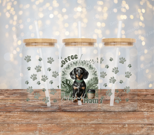 Sage Green Tropical Dachshund "Coffee Lover, Dachshund Mama" Digital Download 16oz UV DTF Transfer Wrap PNG Image