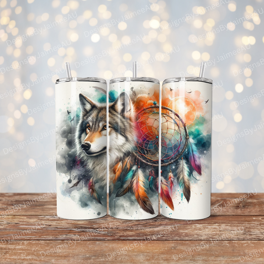 Vibrant Watercolour -Dream Catcher and Wolf Digital 20oz Sublimation Tumbler Wrap
