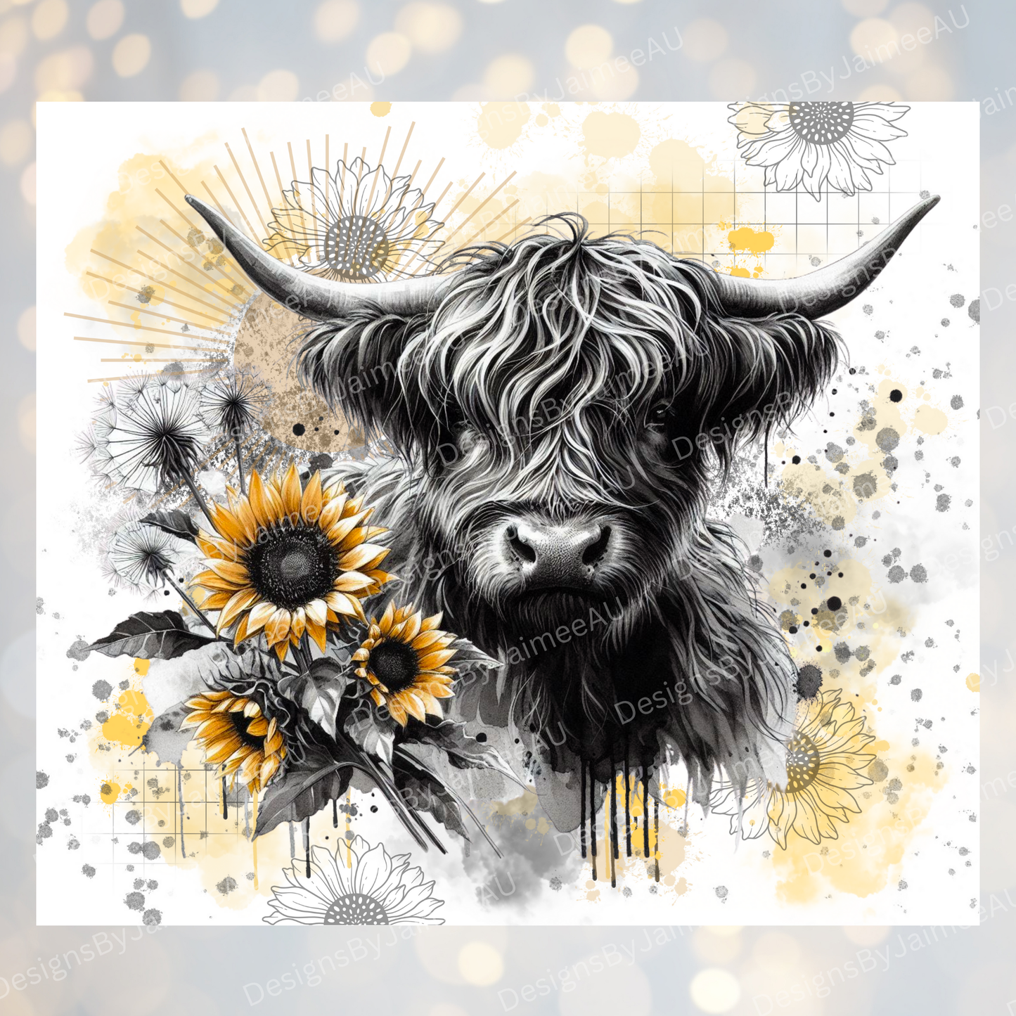 Watercolour Black and White Highland Cow with Pops Of Yellow - Digital 20oz Sublimation Tumbler Wrap