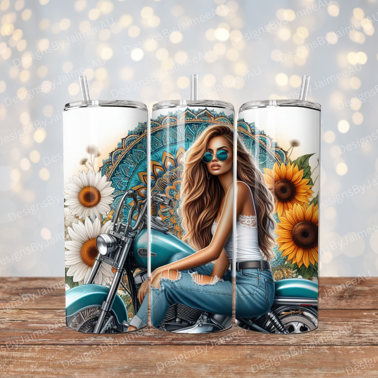 Aqua Harley Davidson, Sunflowers and Mandala Digital 20oz Sublimation Tumbler Wrap