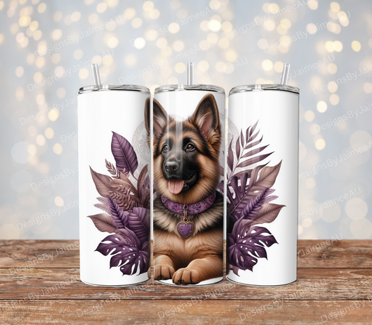 German Shepard, Tropical Purples and Browns Digital 20oz Sublimation Tumbler Wrap