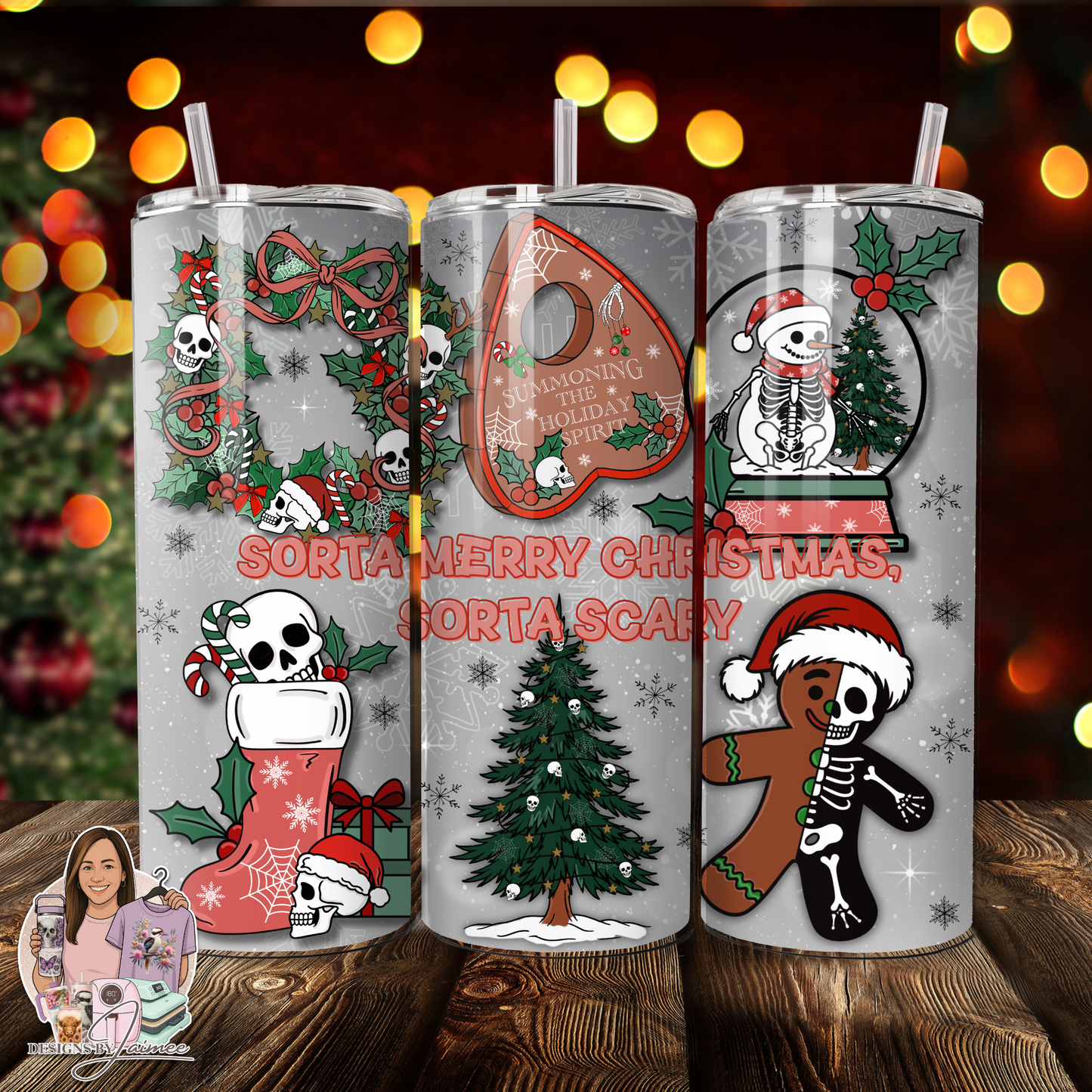 Sorta Merry Sorta Scary Christmas Tumbler Wrap • DIGITAL DOWNLOAD • 20oz Skinny Sublimation PNG • Gothic Skeleton Holiday Design