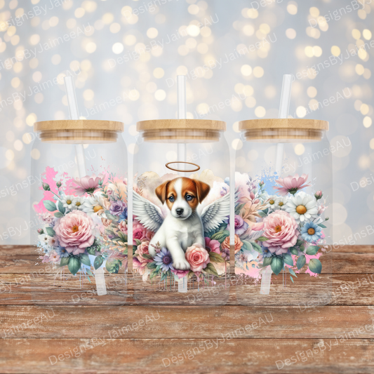 Angel Jack Russell and Pastel Florals Digital 16oz UV DTF Transfer Wrap PNG Image