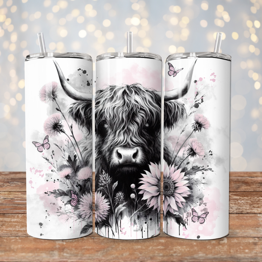 Watercolour Black and White Highland Cow with Pops Of Pastel Pinks - Digital 20oz Sublimation Tumbler Wrap