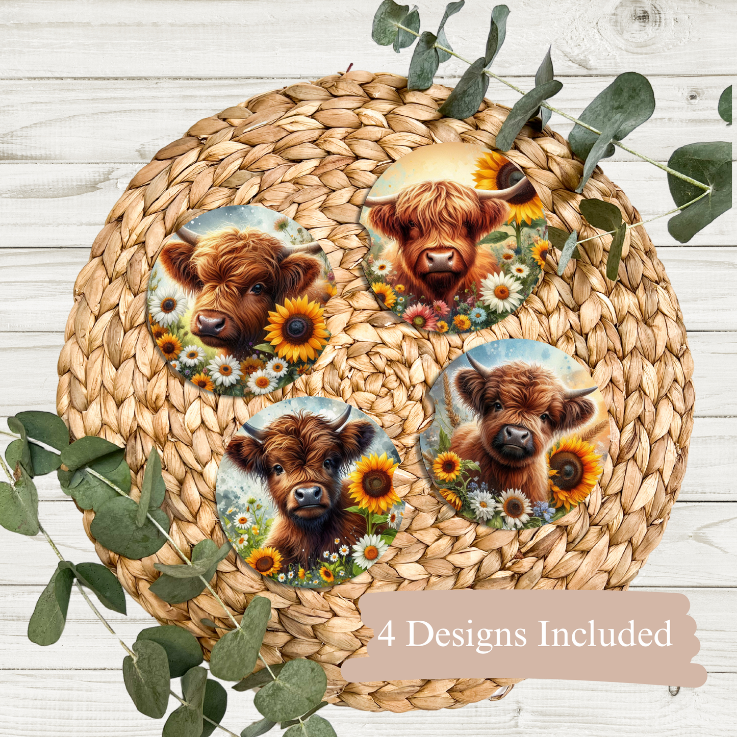 4 Sunflower Baby Highland Cow Digital Sublimation Car Coaster Designs