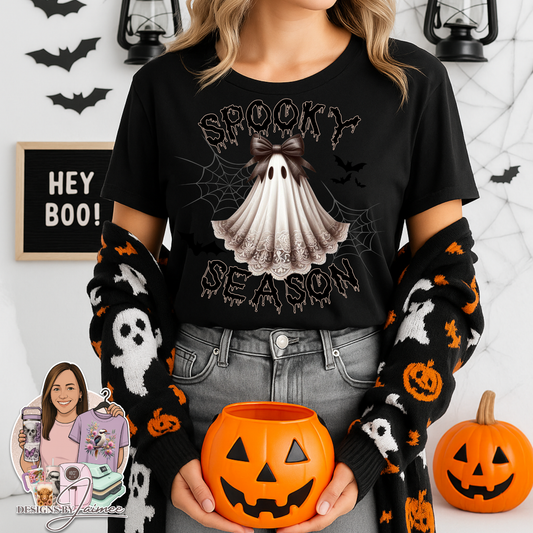 Lace Sheet Ghost with Croquette Bow "Spooky Season" Digital DTF Transfer PNG Image