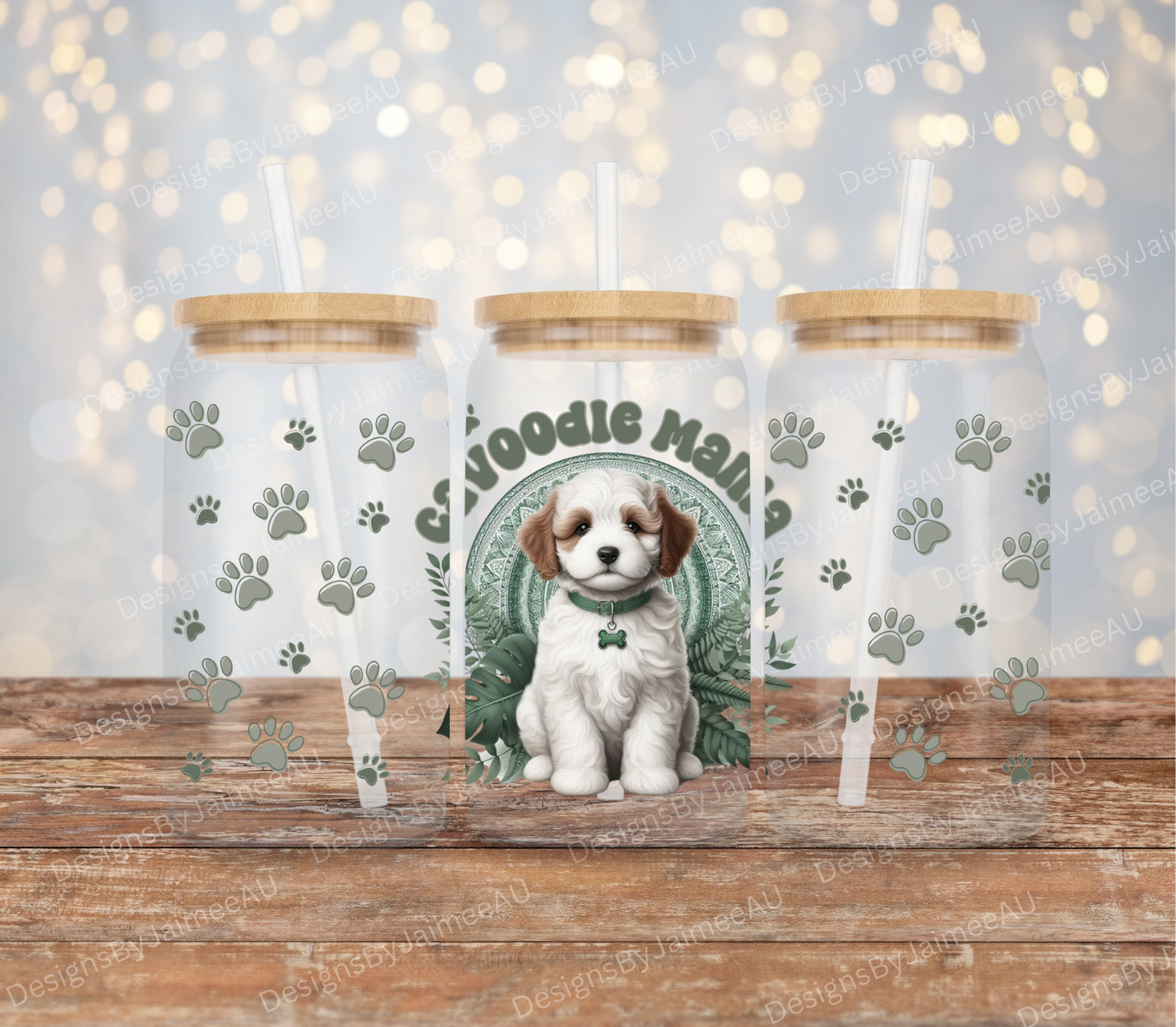 Sage Green/Tropical "Cavoodle Mama"  Digital Download 16oz UV DTF Transfer Wrap PNG Image