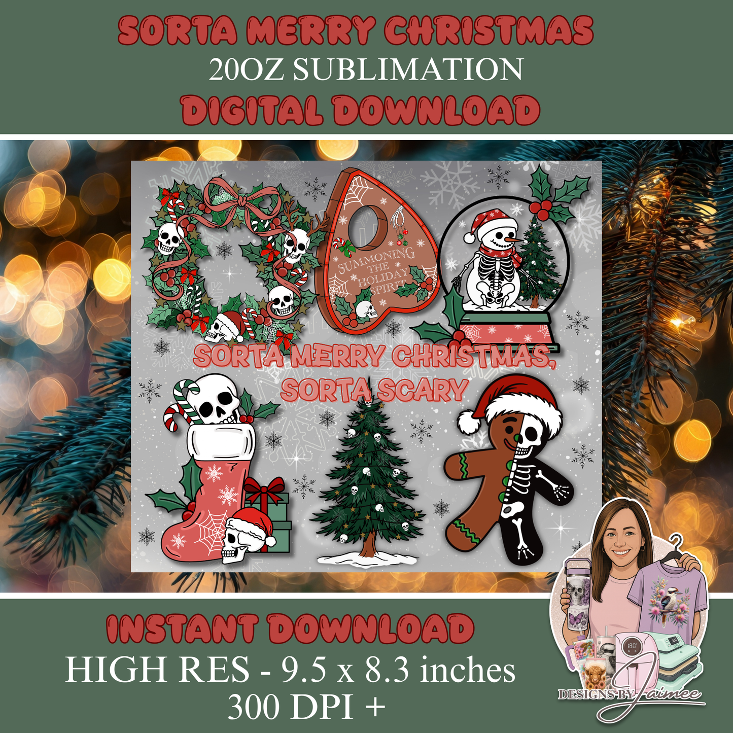 Sorta Merry Sorta Scary Christmas Tumbler Wrap • DIGITAL DOWNLOAD • 20oz Skinny Sublimation PNG • Gothic Skeleton Holiday Design
