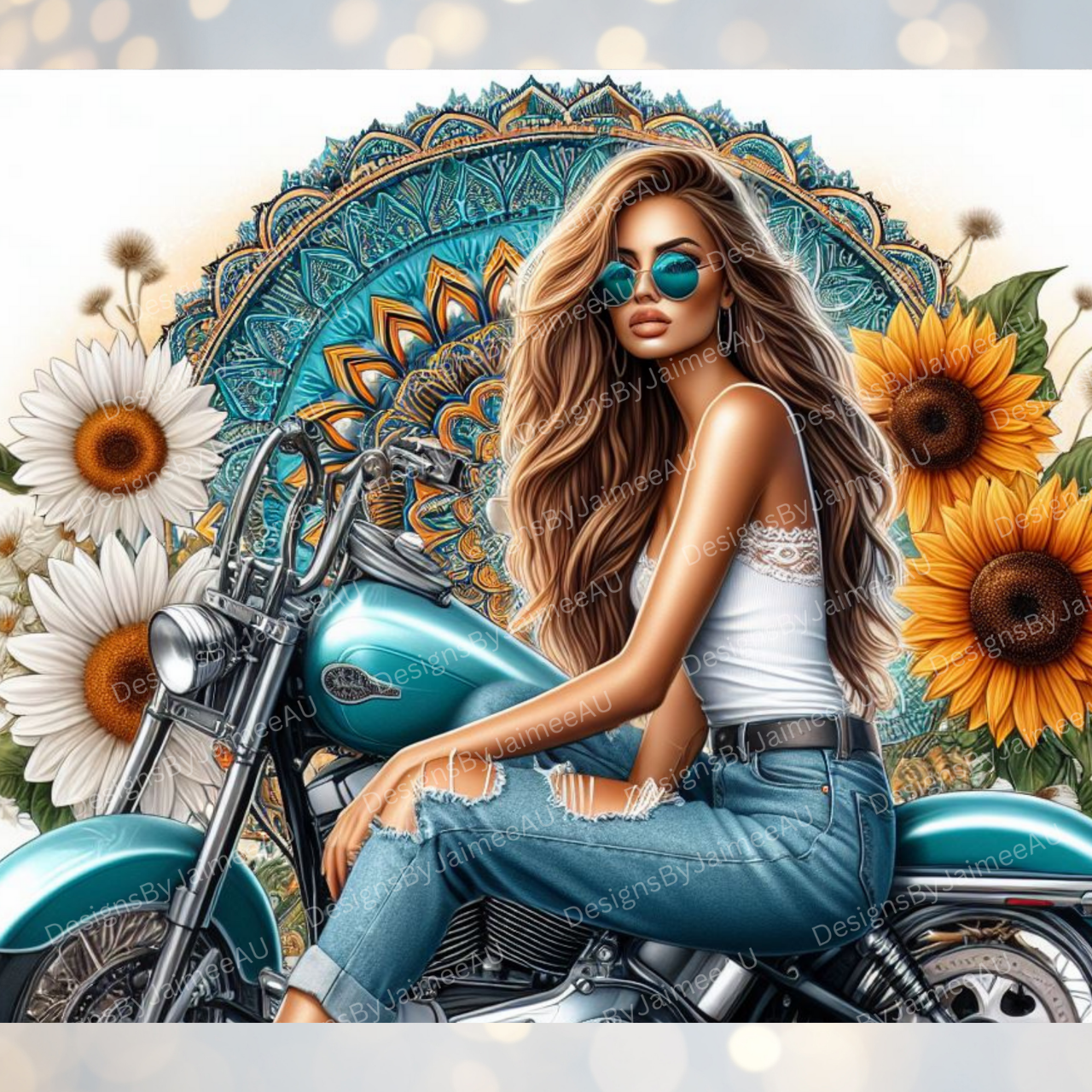 Aqua Harley Davidson, Sunflowers and Mandala Digital 20oz Sublimation Tumbler Wrap