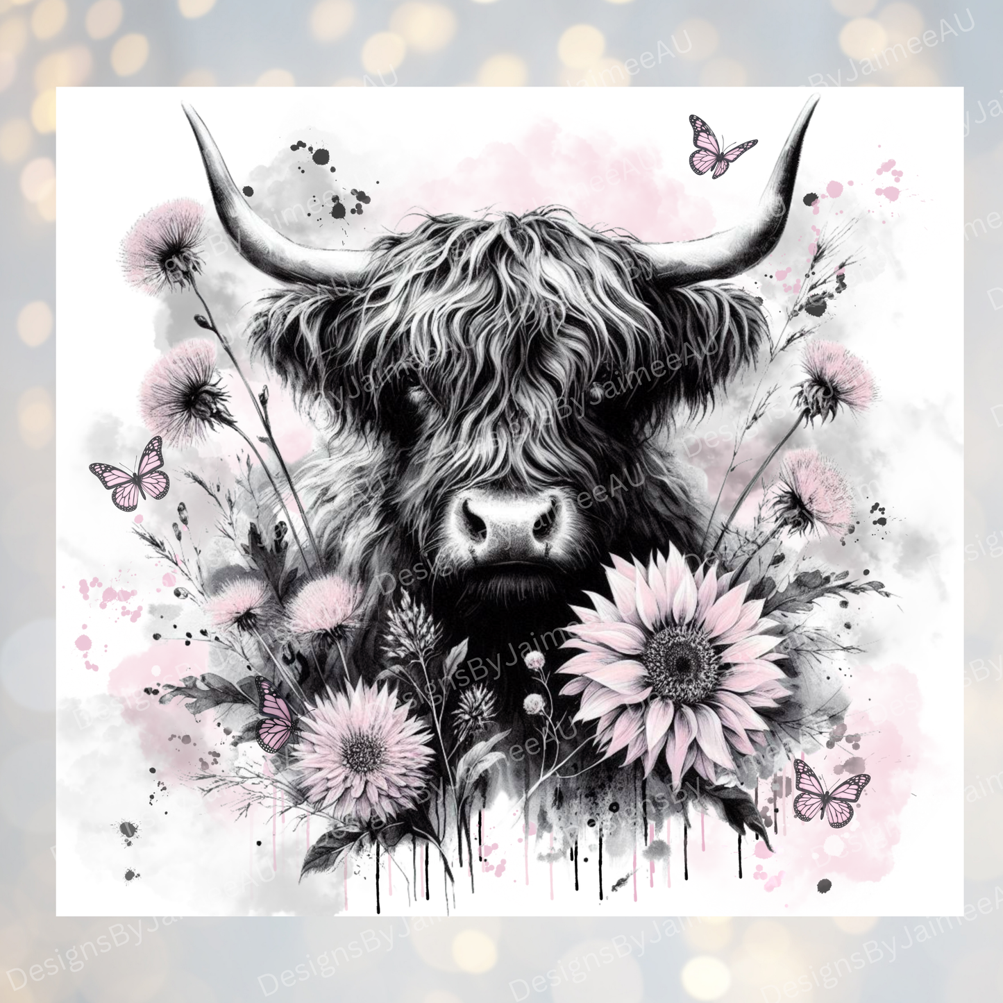 Watercolour Black and White Highland Cow with Pops Of Pastel Pinks - Digital 20oz Sublimation Tumbler Wrap