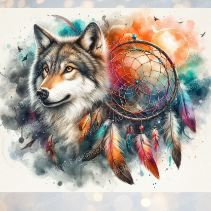Vibrant Watercolour -Dream Catcher and Wolf Digital 20oz Sublimation Tumbler Wrap