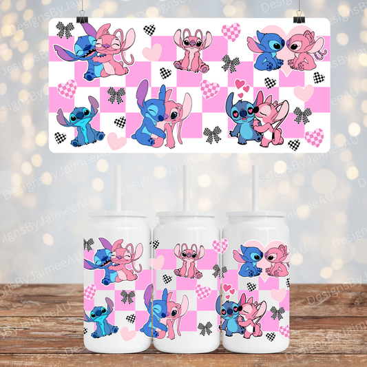 Stitch and Angel (Pink Checkers)- Digital 16oz Sublimation Design