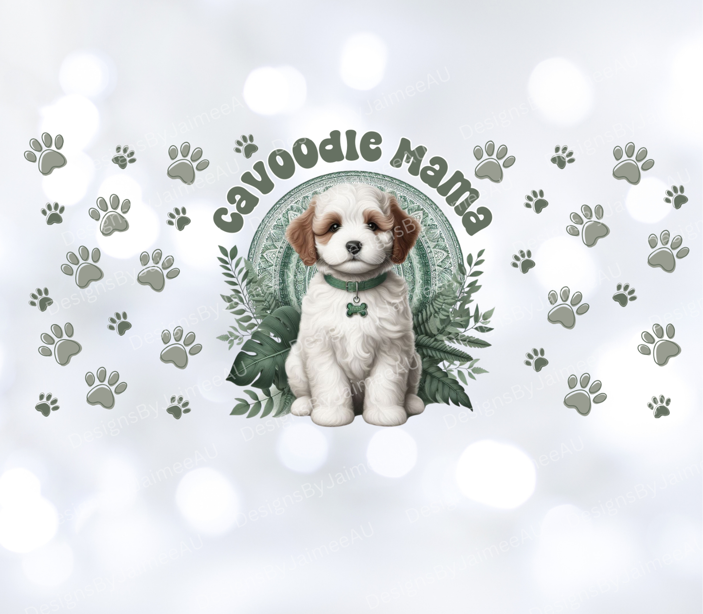 Sage Green/Tropical "Cavoodle Mama"  Digital Download 16oz UV DTF Transfer Wrap PNG Image