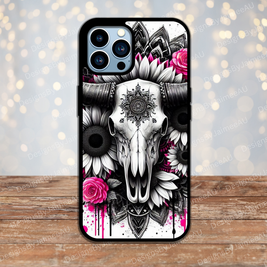 Black and White with Pops Of Pink Bull Skull Digital Phone Case Design