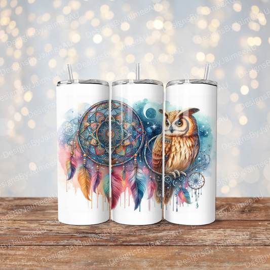 Vibrant Watercolour Owl and Dream Catcher Digital 20oz Sublimation Tumbler Wrap