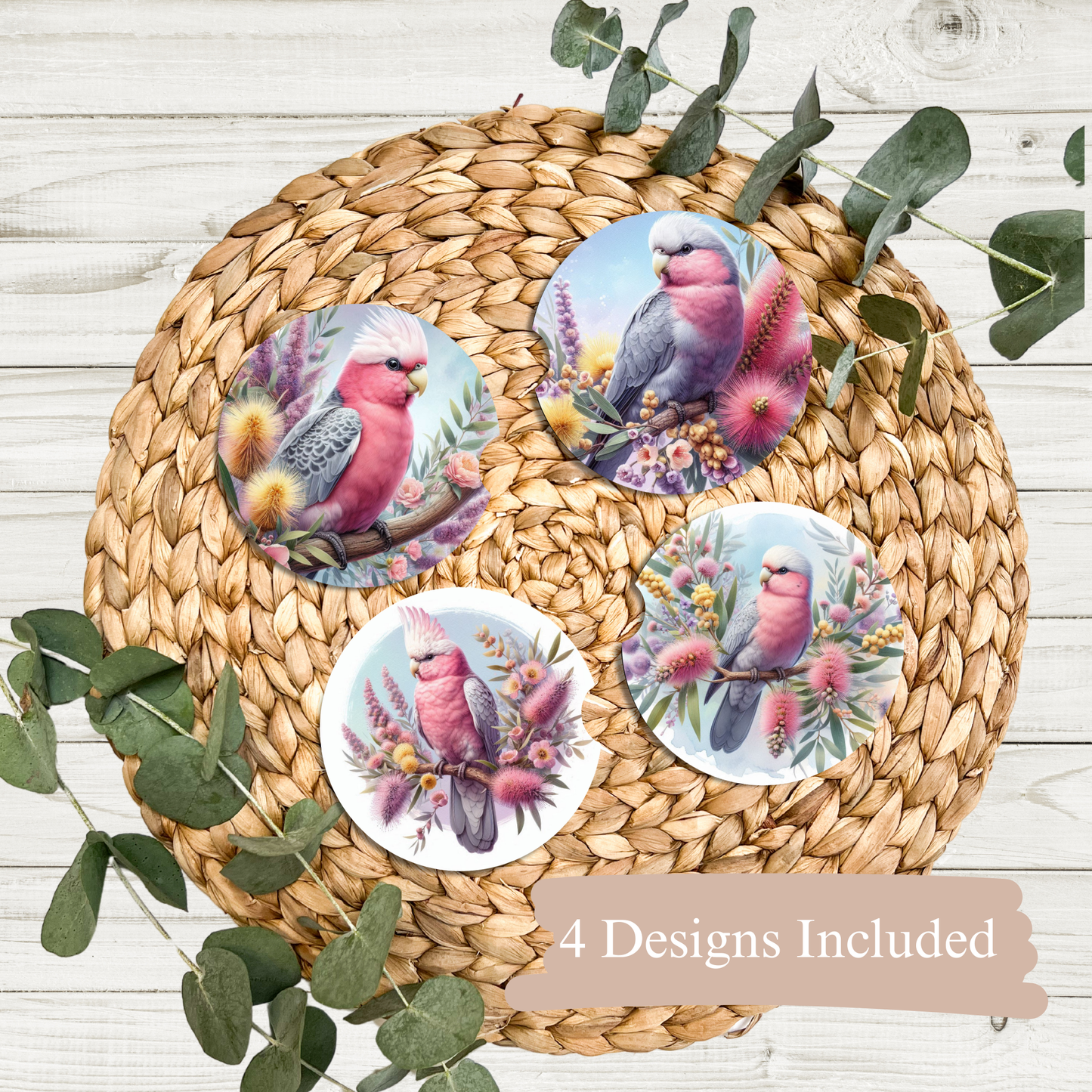 4 Watercolour Galah Digital Sublimation Car Coaster Designs
