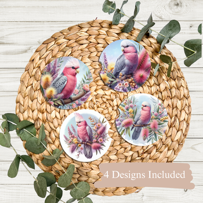 4 Watercolour Galah Digital Sublimation Car Coaster Designs