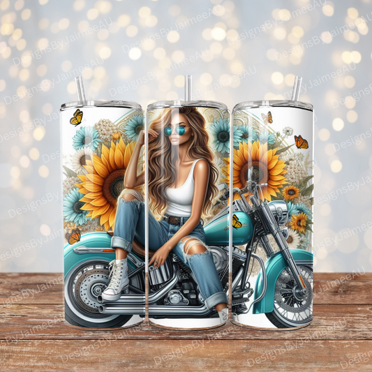 Sunflowers, Butterflies and Aqua Harley Davidson Digital 20oz Sublimation Tumbler Wrap