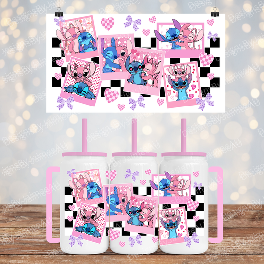 Stitch and Angel Polaroid Pictures (Black Checkers)- Digital 16oz Sublimation Design With Handle