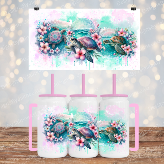 Pastel Turtles - Aqua and Pinks - Digital 16oz LIbby Tumbler with Handle Sublimation Design