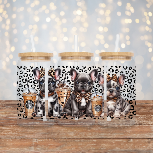 French Bulldogs, Leopard Print, Iced Coffee Digital Download 16oz UV DTF Transfer Wrap PNG Image