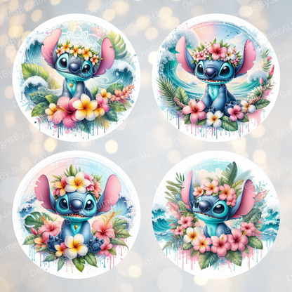4 Pastel Tropical Stitch Digital Sublimation Car Coaster Designs