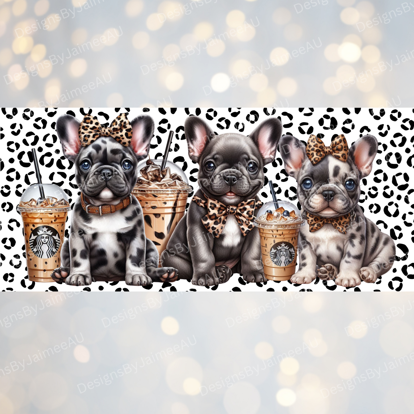 French Bulldogs, Leopard Print, Iced Coffee Digital Download 16oz UV DTF Transfer Wrap PNG Image
