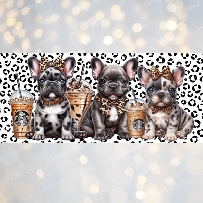 French Bulldogs, Leopard Print, Iced Coffee Digital Download 16oz UV DTF Transfer Wrap PNG Image