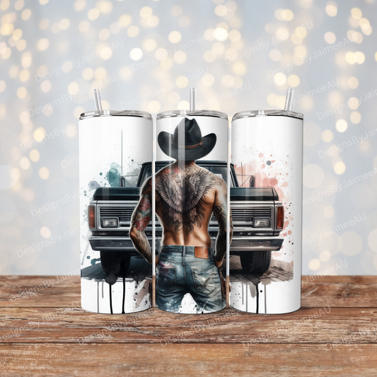 Grey Cowboy and Pick up Truck/Ute  Digital 20oz Sublimation Tumbler Wrap