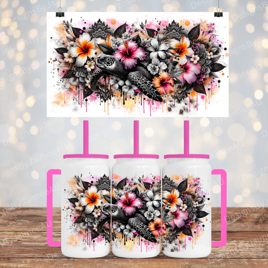 Black and White Turtle with hints of Pink and Orange - Digital 16oz LIbby Tumbler with Handle Sublimation Design