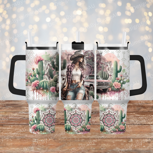Pink and Green Watercolour Cowgirl 40oz Digital Sublimation Tumbler Wrap