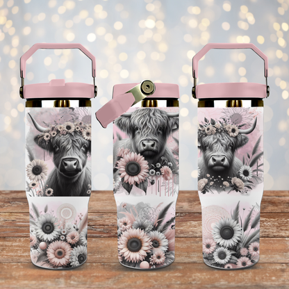Black and White Highland Cows - Pastel Pink - Digital 30oz Sublimation Tumbler Wrap