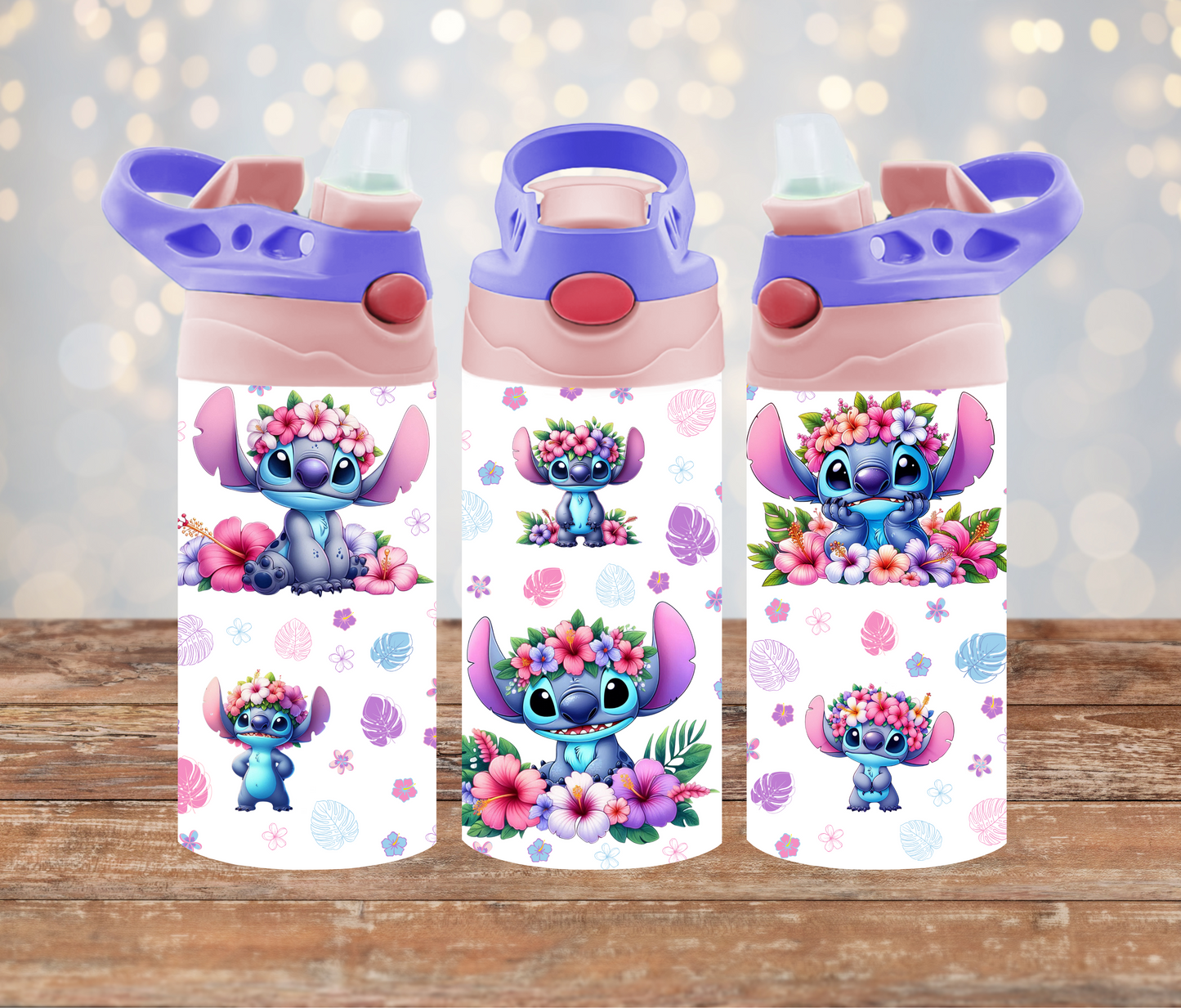 Stitch - Tropical Flowers 12oz (350ml) Kids Flip Lid Drink Bottle