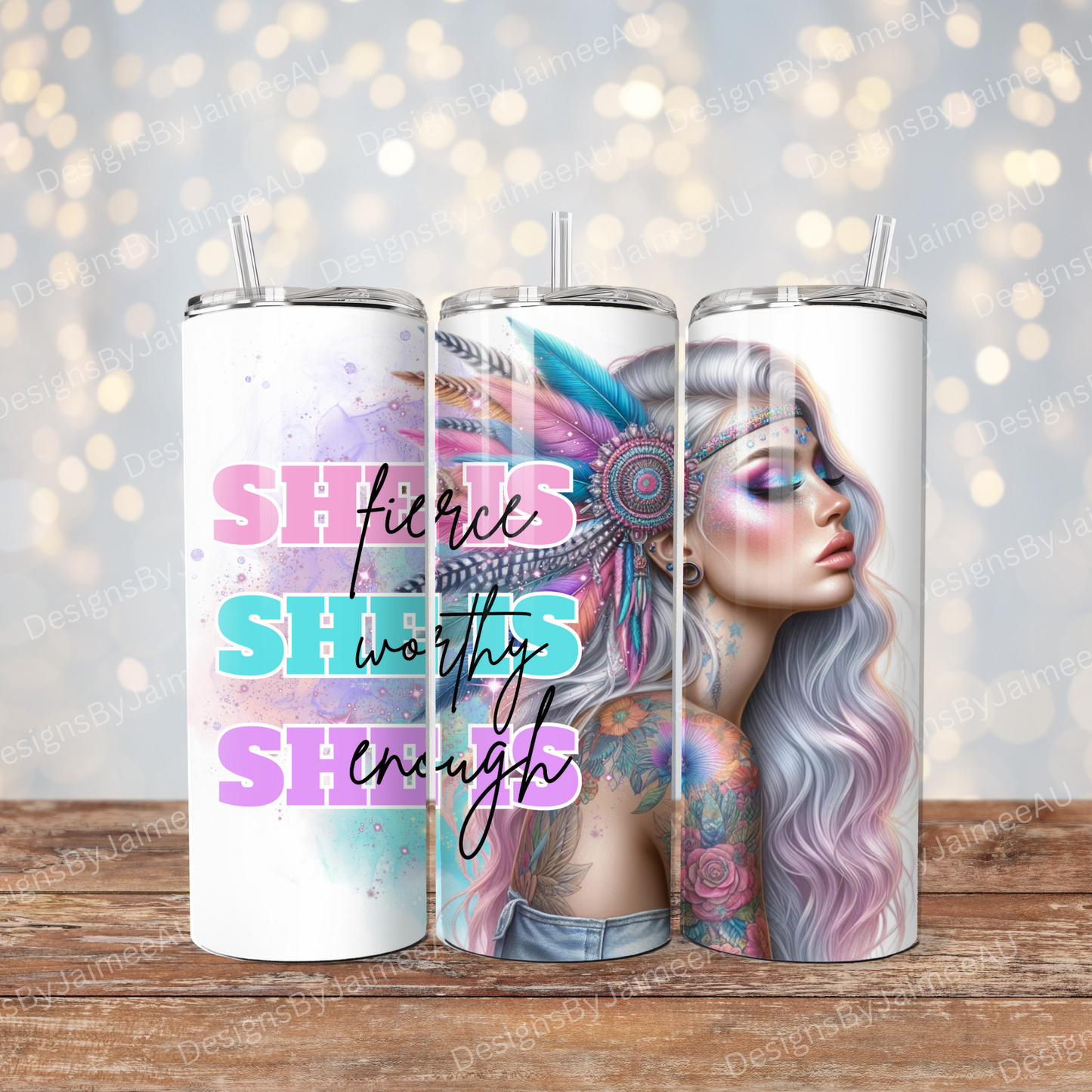She Is "Fierce, Worthy, Enough" Pastel Digital 20oz Sublimation Tumbler Wrap