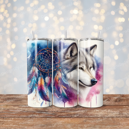 Aqua And Pinks Watercolour Wolf Dream Catcher Digital 20oz Sublimation Tumbler Wrap