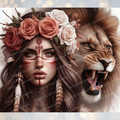 Earthy Roaring Lion and Warrior Woman, Flower Crown Digital 20oz Sublimation Tumbler Wrap