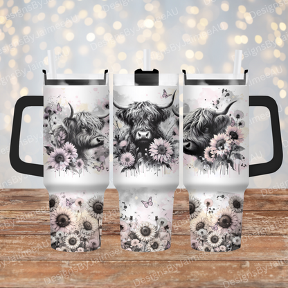 Black and White Highland Cows, Pops of Pink Watercolours -  40oz Digital Sublimation FULL Tumbler Wrap