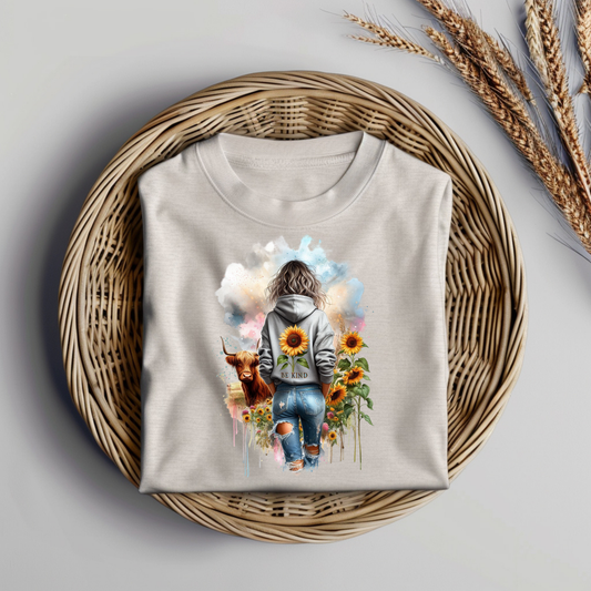 Be Kind, Daily Affirmations, Watercolour highland cow and sunflowers Digital DTF Transfer PNG Image