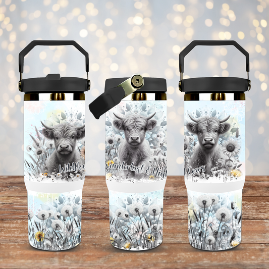 Wildflowers, Wanderlust and Highland Cows- Black and White Digital 30oz Sublimation Tumbler Wrap