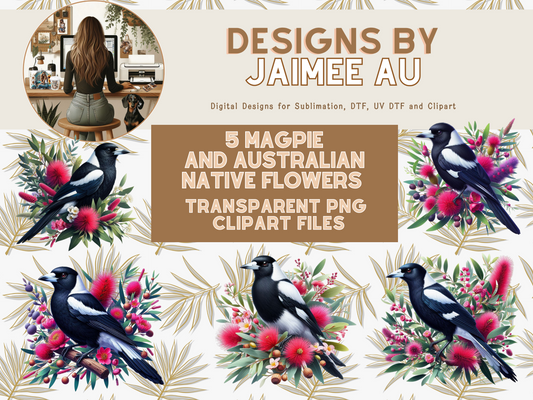 5 Magpie And Australian Native Flowers Digital Transparent Clipart Images