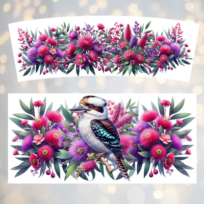 Kookaburra with Pink and Purple Australian Native Flowers 40oz Digital Sublimation Tumbler Wrap