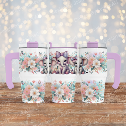 Glittery Pastel Floral Elephants - Digital 20oz Tumbler with Handle Wrap Design