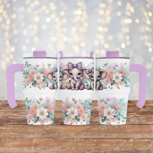 Glittery Pastel Floral Elephants - Digital 20oz Tumbler with Handle Wrap Design