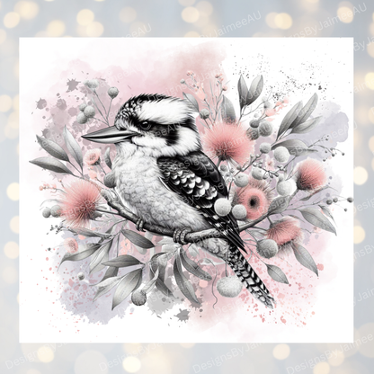 Black and White Kookaburra - Pastel pink themed - Digital 20oz Sublimation Tumbler Wrap