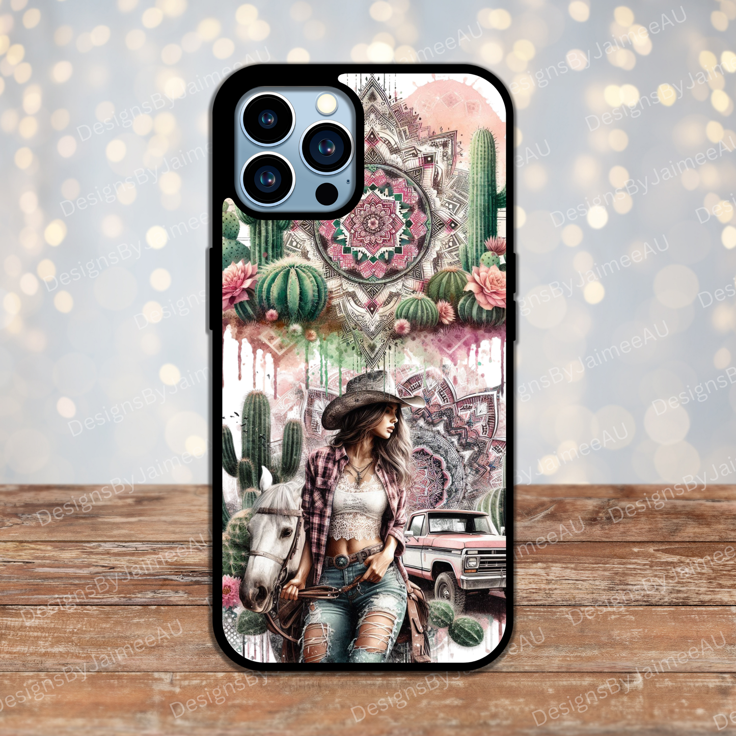 Pink and Green Cowgirl with Horse and Pick Up Truck Country/Western Digital Phone Case Design