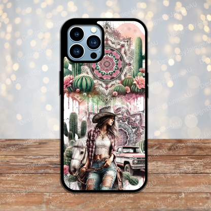 Pink and Green Cowgirl with Horse and Pick Up Truck Country/Western Digital Phone Case Design